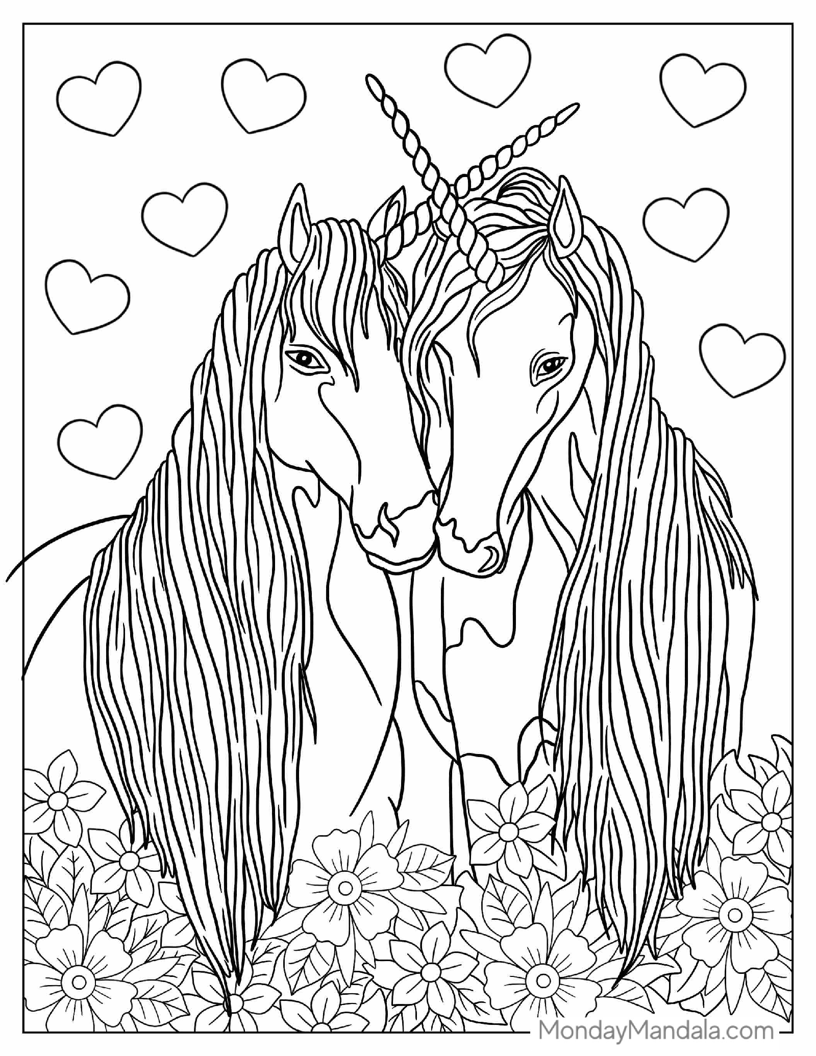 Two Detailed Unicorns Embracing Coloring Sheet