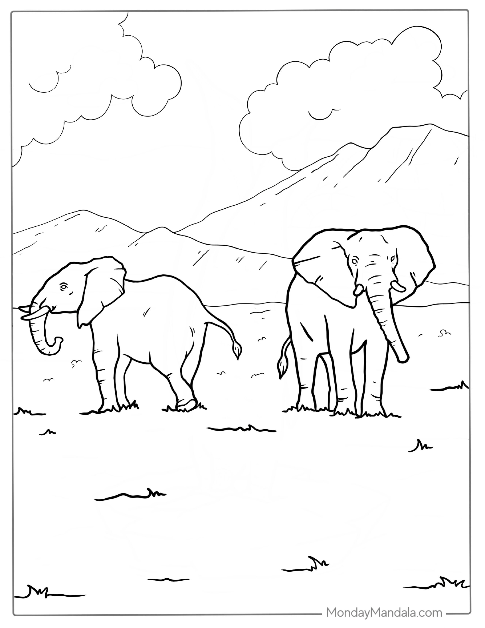 Two Elephants Walking In The Wild Coloring