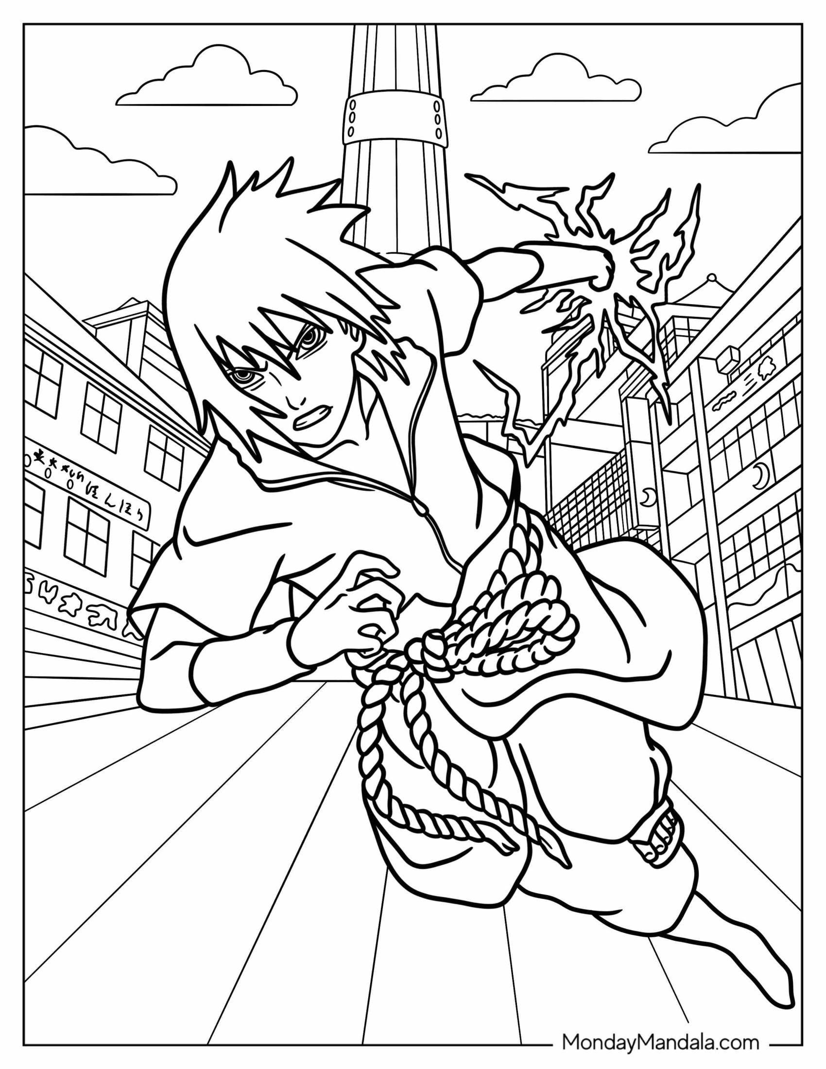 Uchiha Sasuke Coloring Page Using Chidori In Battle