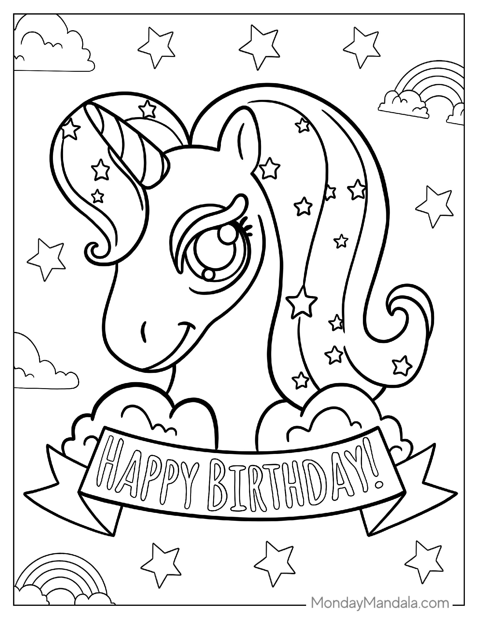 Unicorn Happy Birthday Coloring Page