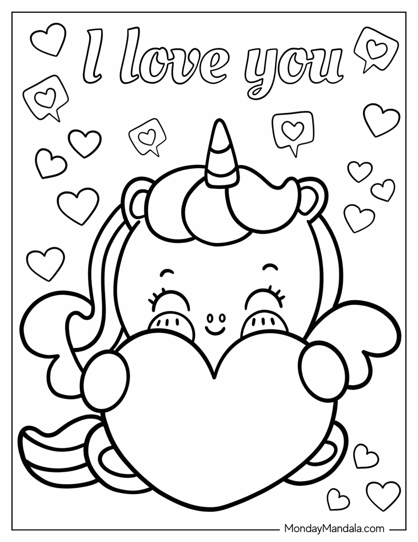 Unicorn Hugging Heart I Love You Valentine's Day Coloring Page