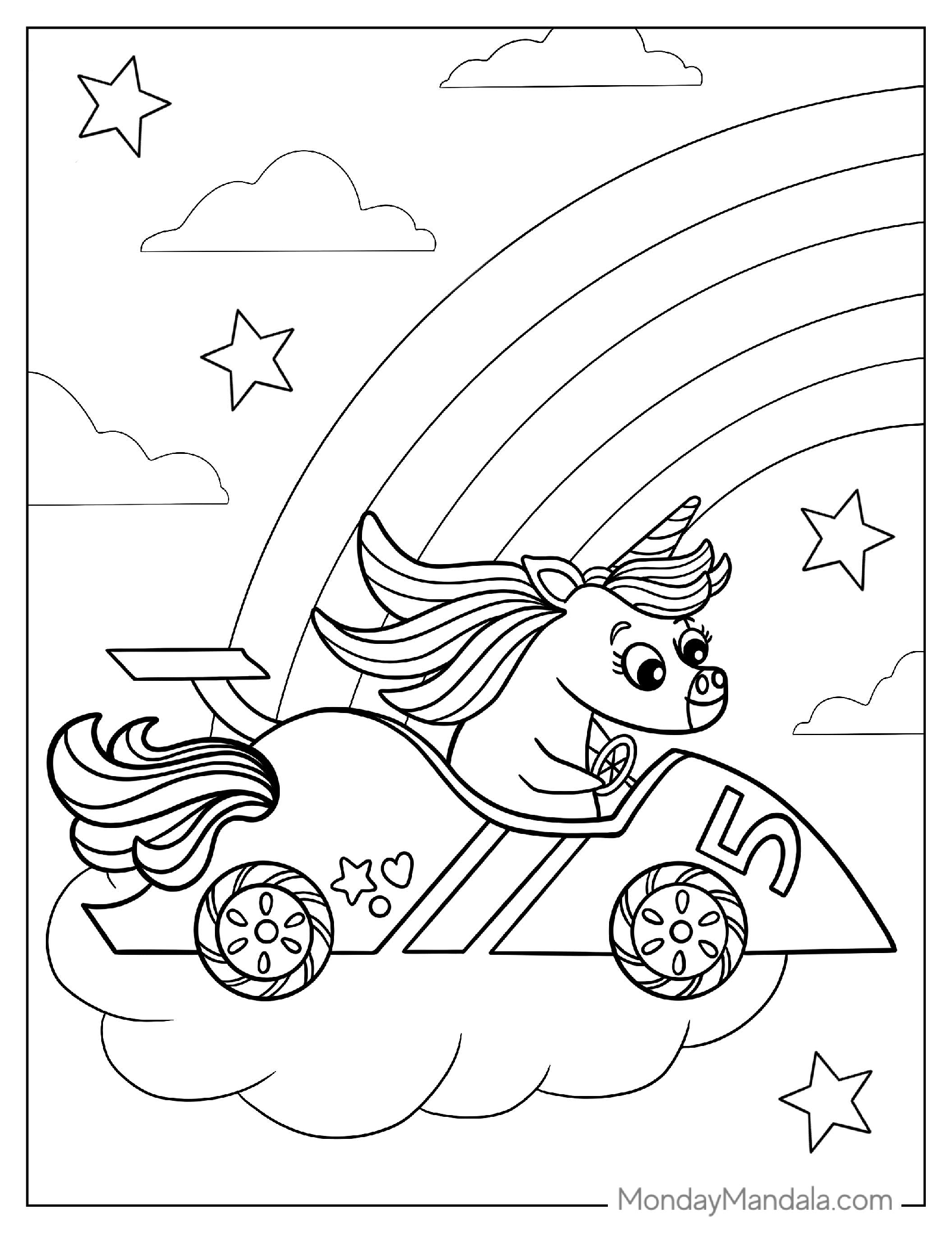 Unicorn In a Race Car Coloring Sheet