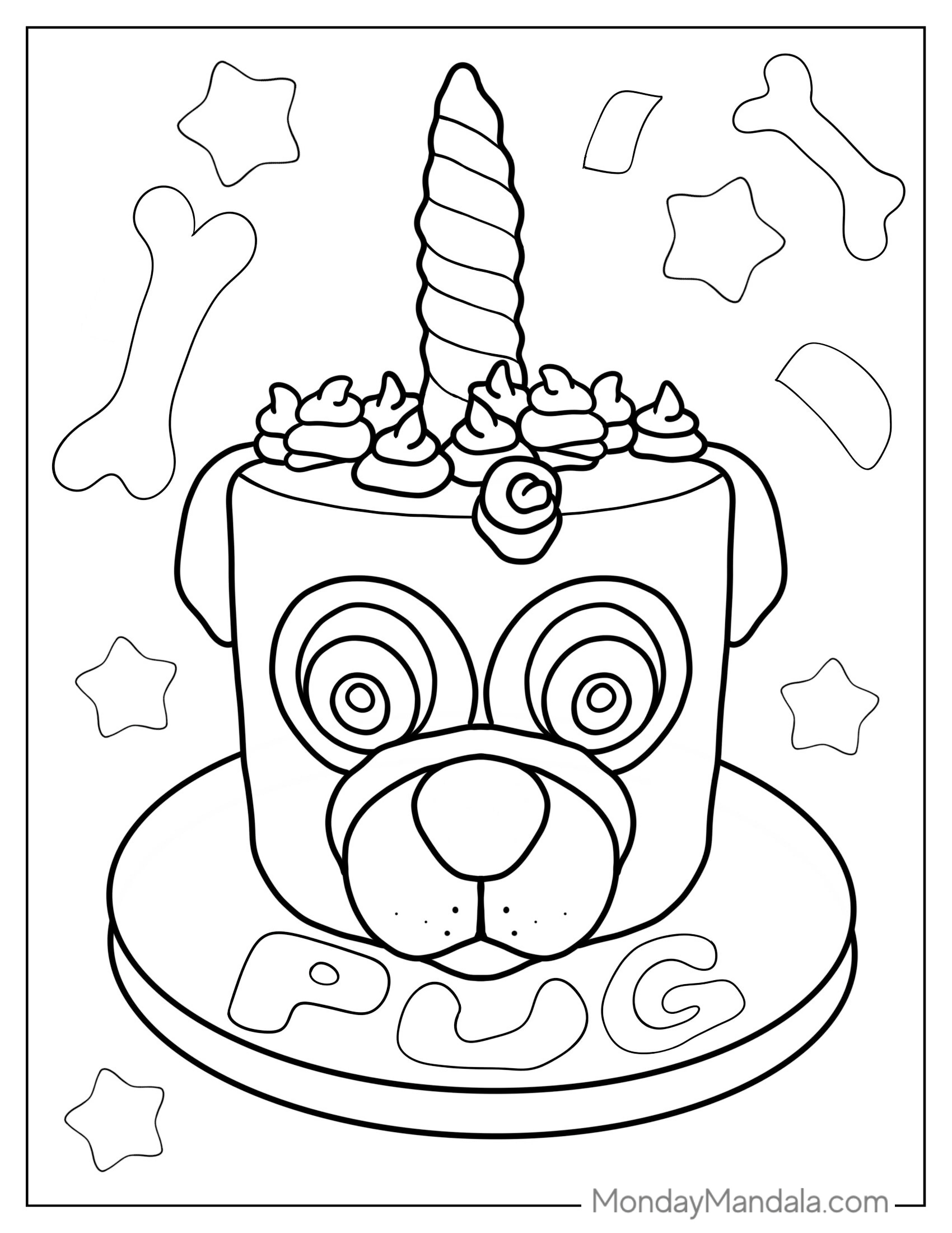 Unicorn Pug Themed Birthday Cake To Color