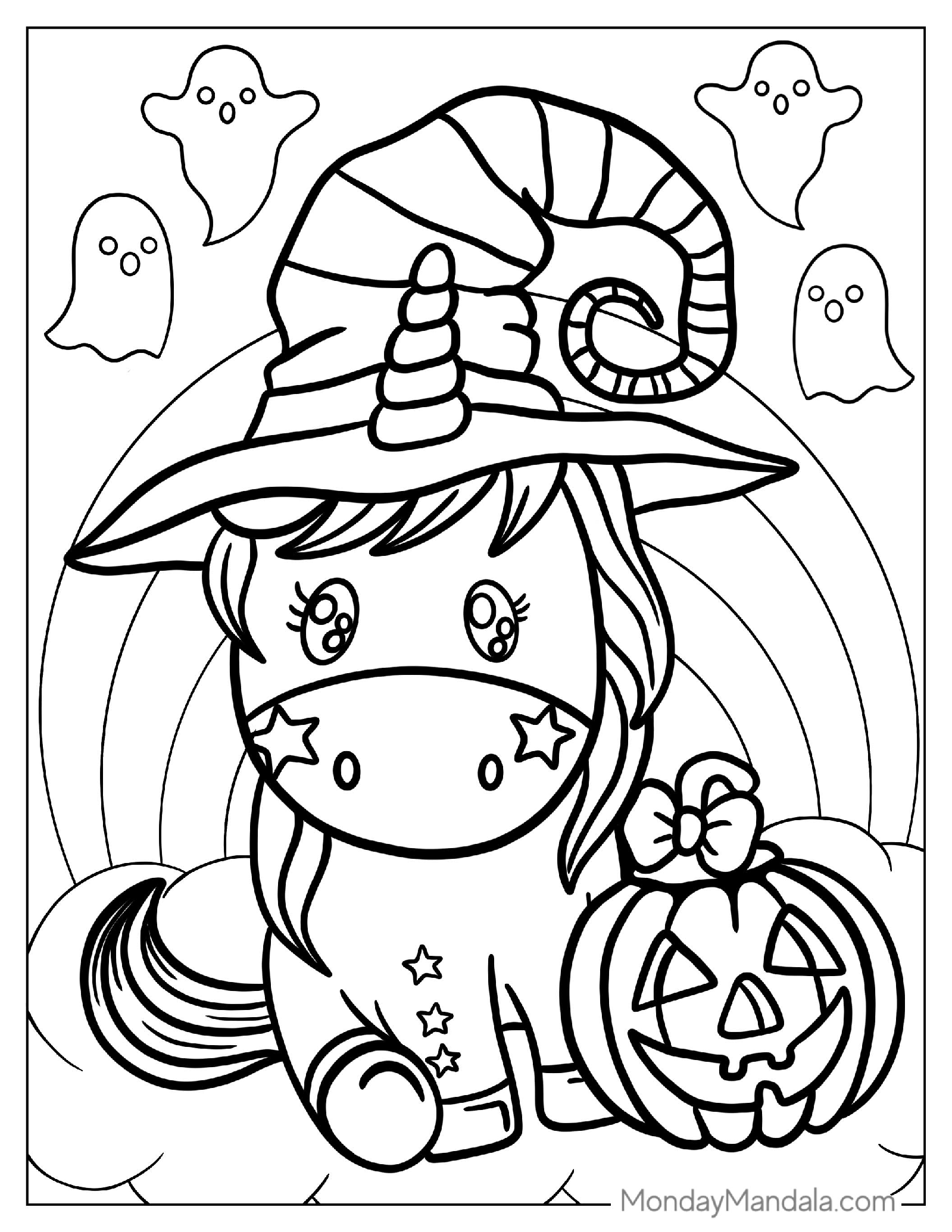 Unicorn Wearing a Witches Hat For Halloween To Color