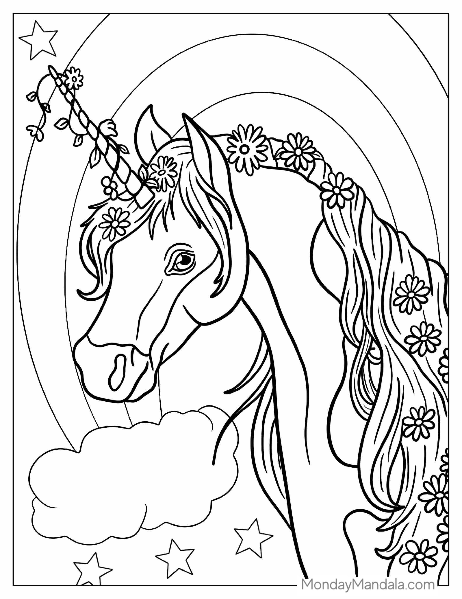 Unicorn With Flowers In Its Mane To Color