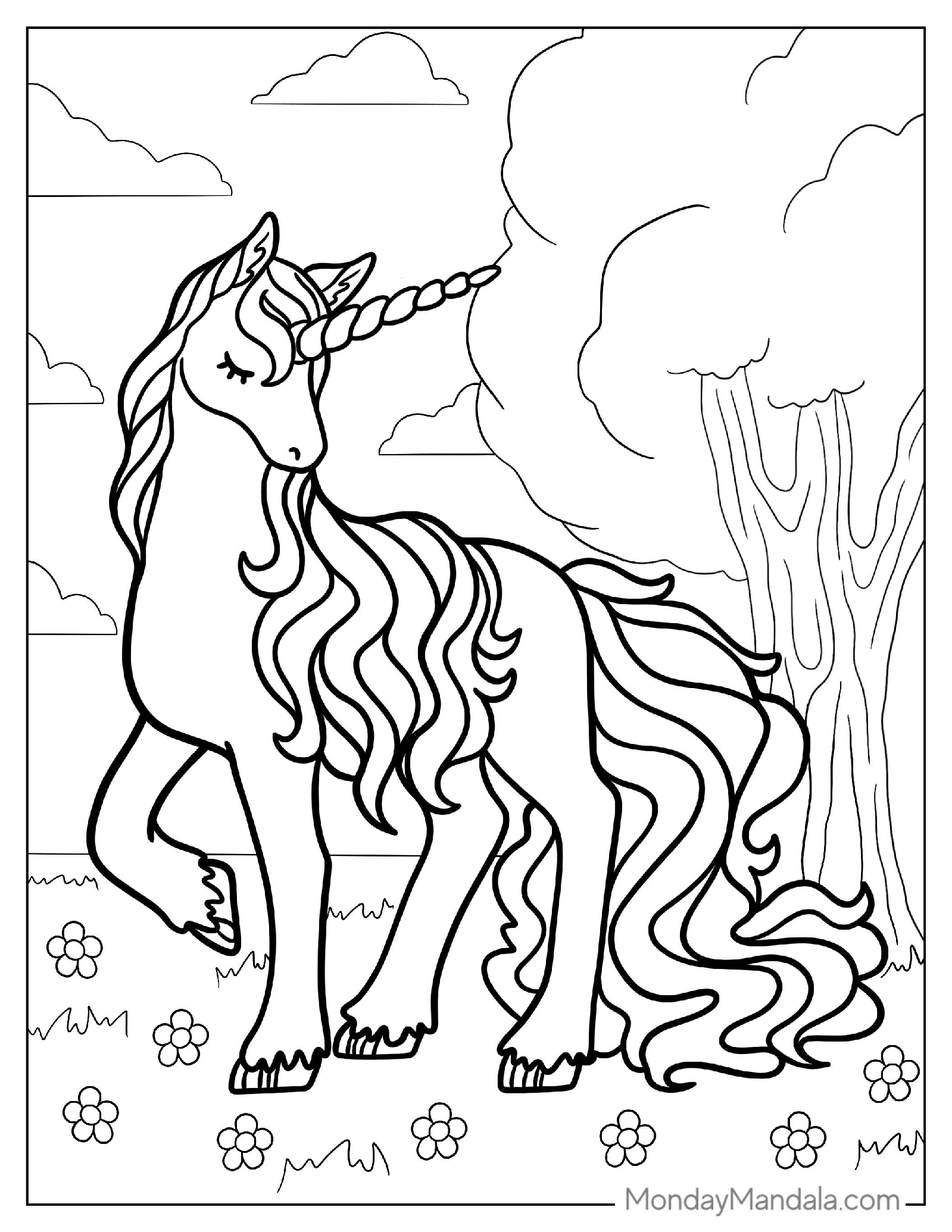 Unicorn With Large Spiral Horn To Color