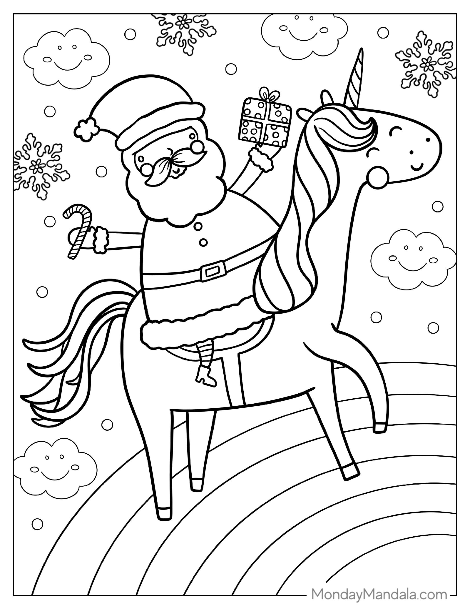 Unicorn With Santa, Snow Flakes, And Candy Cane