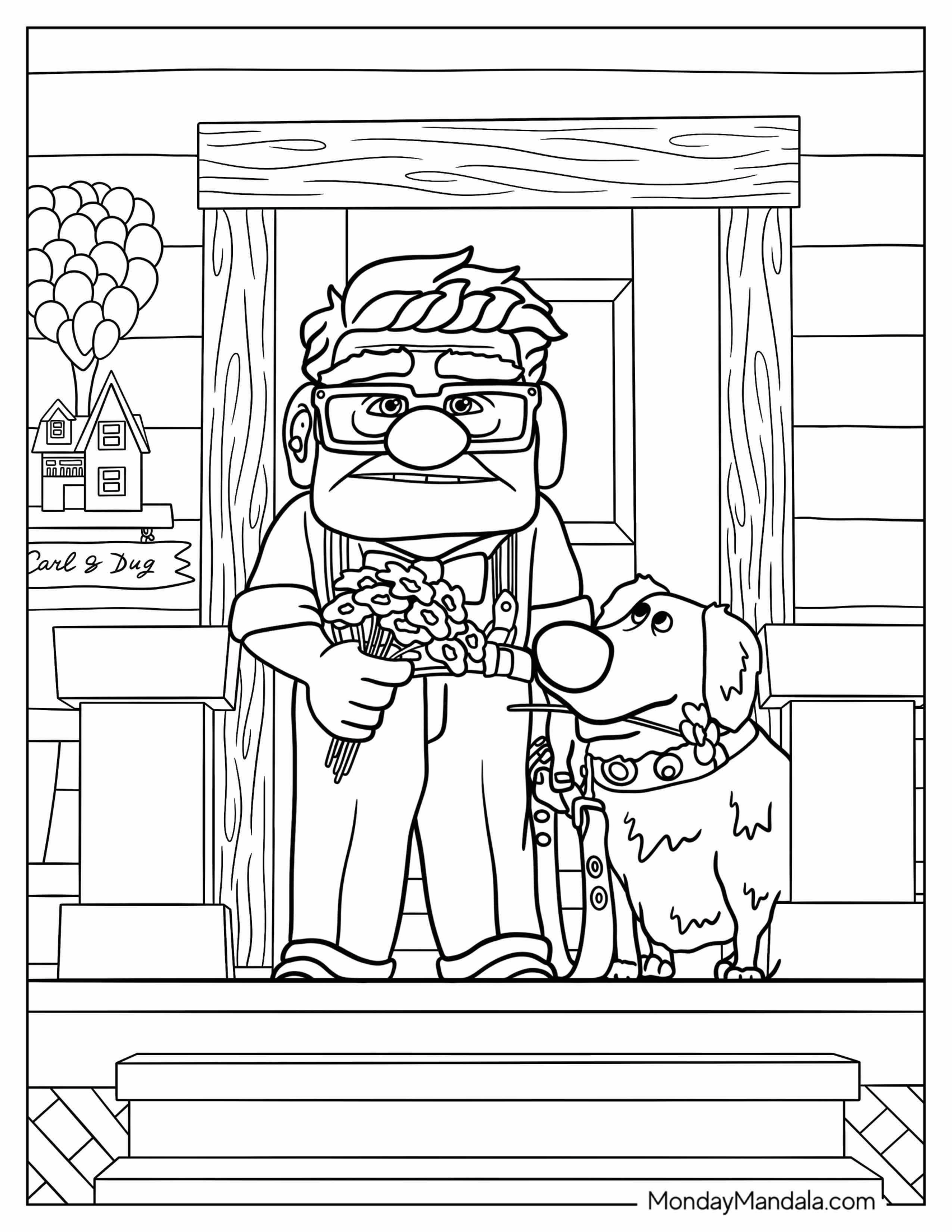 Up Coloring Page Of Carl And Dug Holding Flowers On Front Porch Up