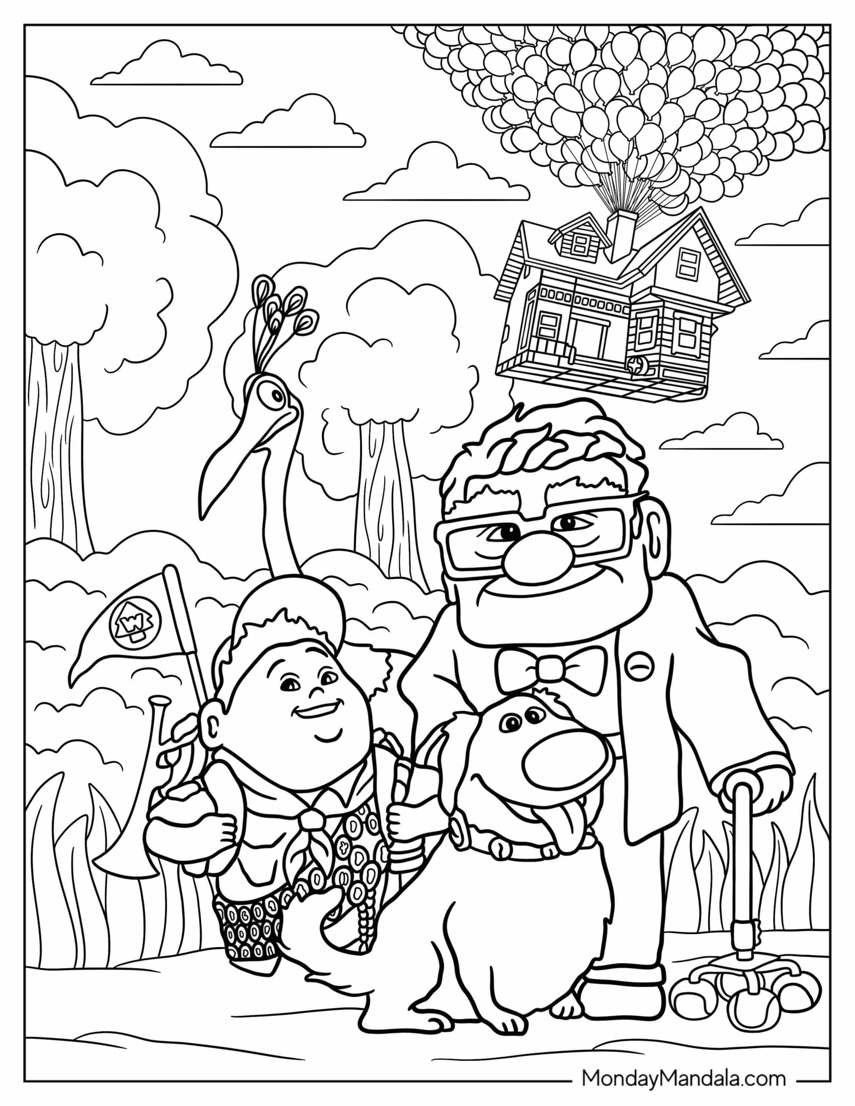 Up Coloring Page Of Carl, Russel, Dug, And Kevin With House In The Sky Up Poster