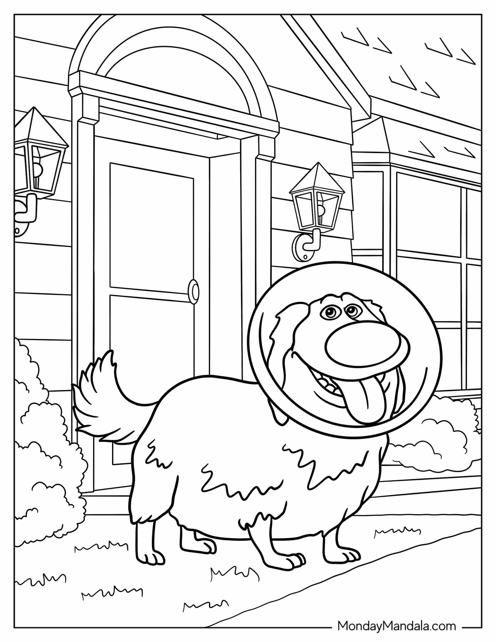 Up Coloring Page Of Dug Wearing A Cone Outside House