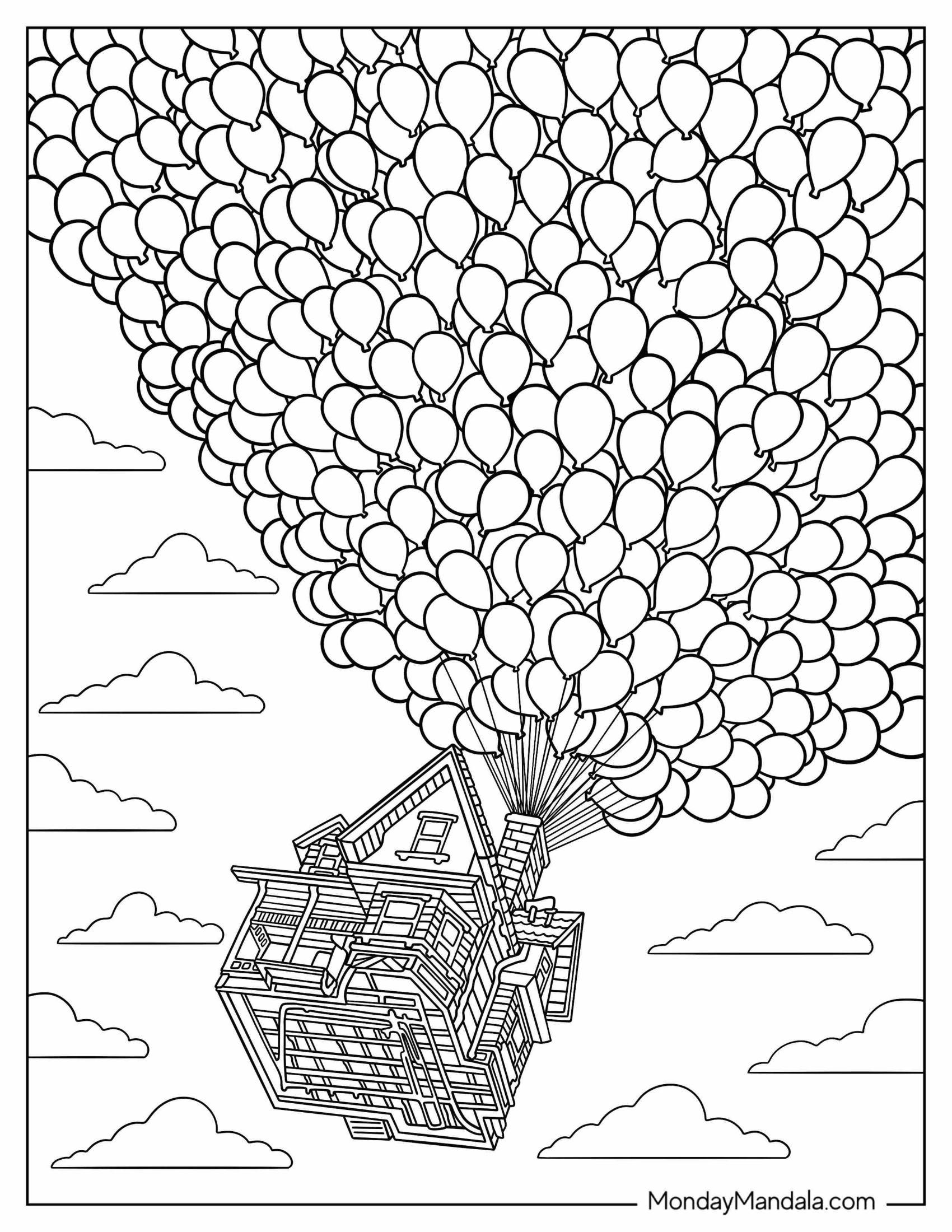 Up Coloring Page Of Flying House With Balloons