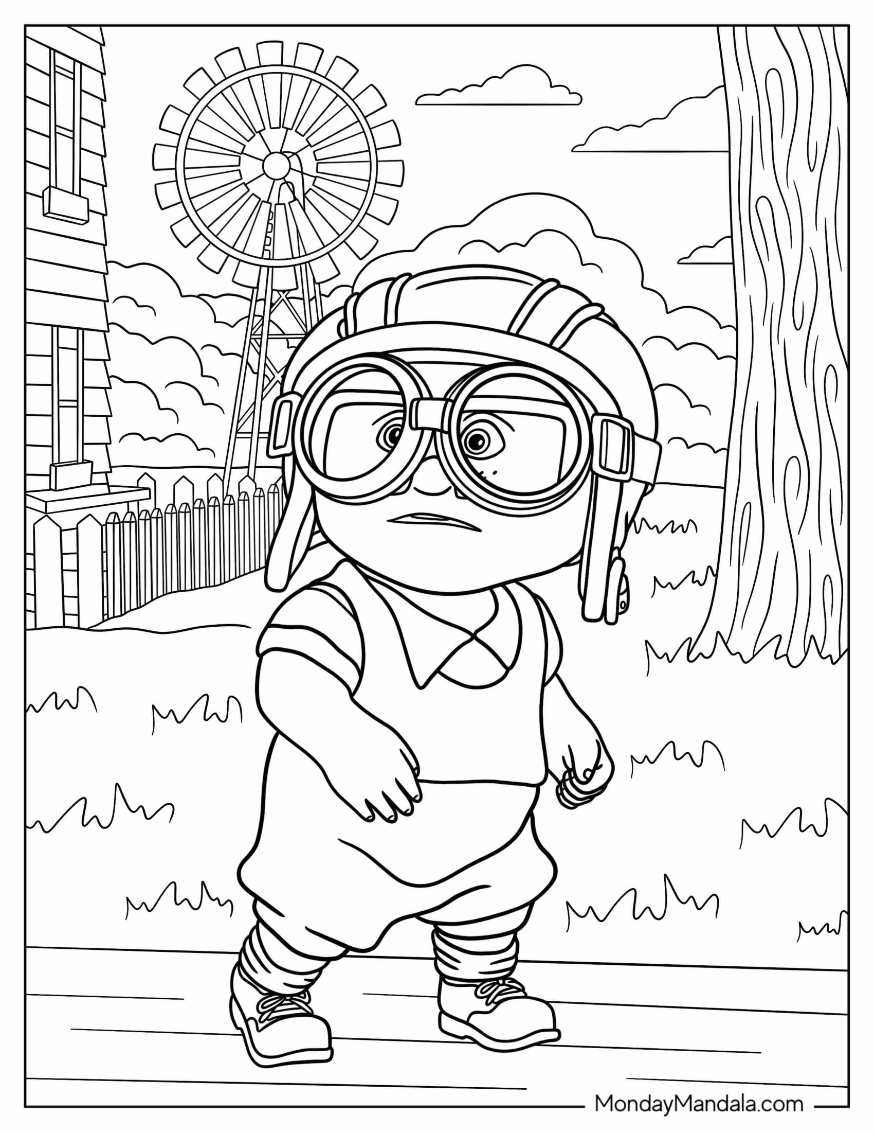 Up Coloring Page Of Young Carl From Up Wearing Aviator Helmet And Goggles