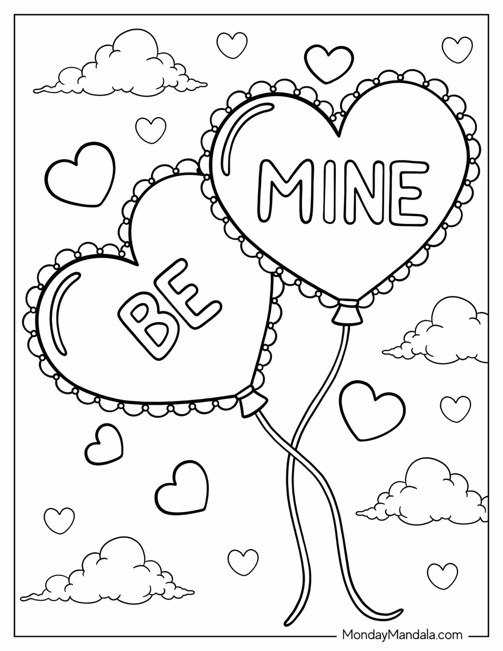 Valentine's Day Coloring Page Of Be Mine Heart Balloons In The Sky