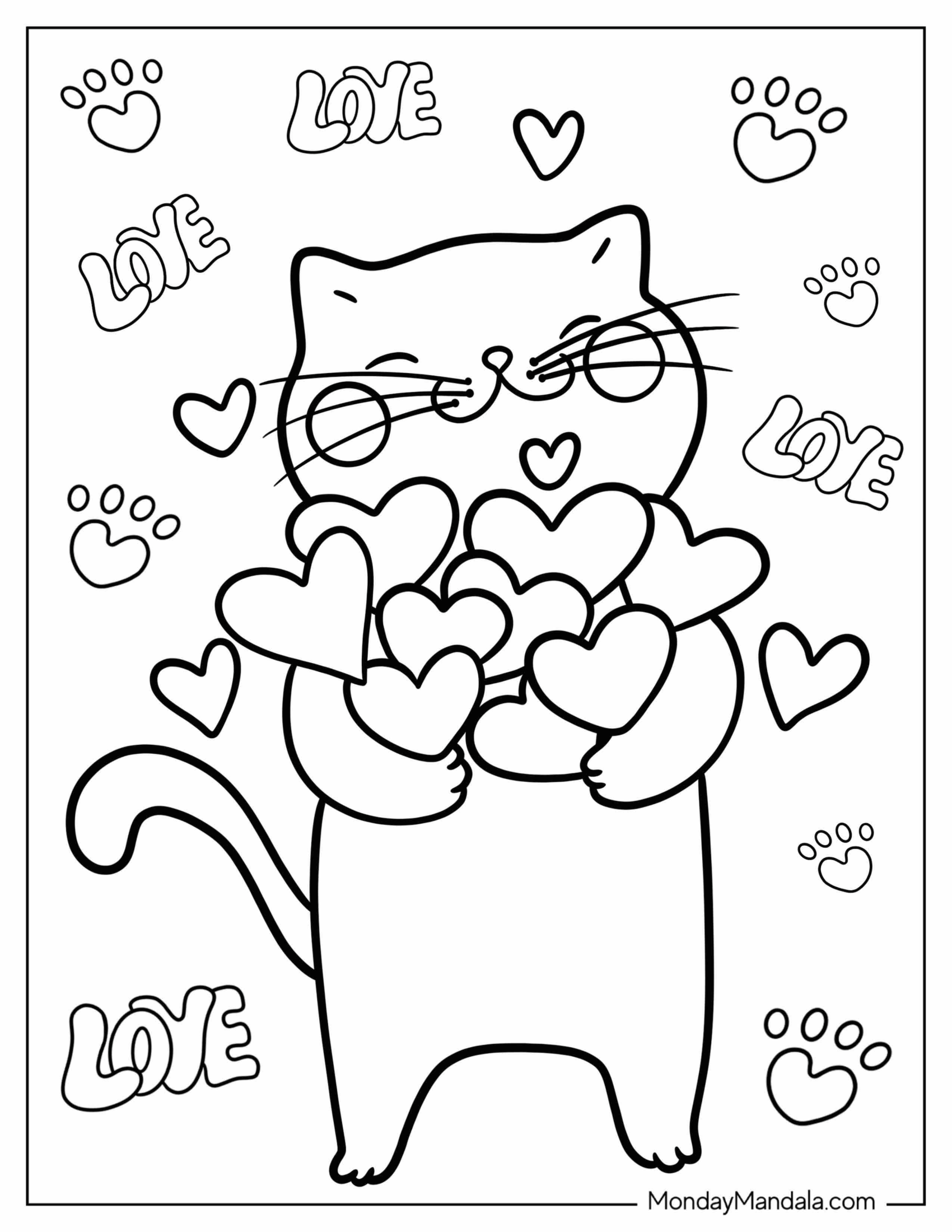 Valentine's Day Coloring Page Of Smiling Cat Holding Love Hearts