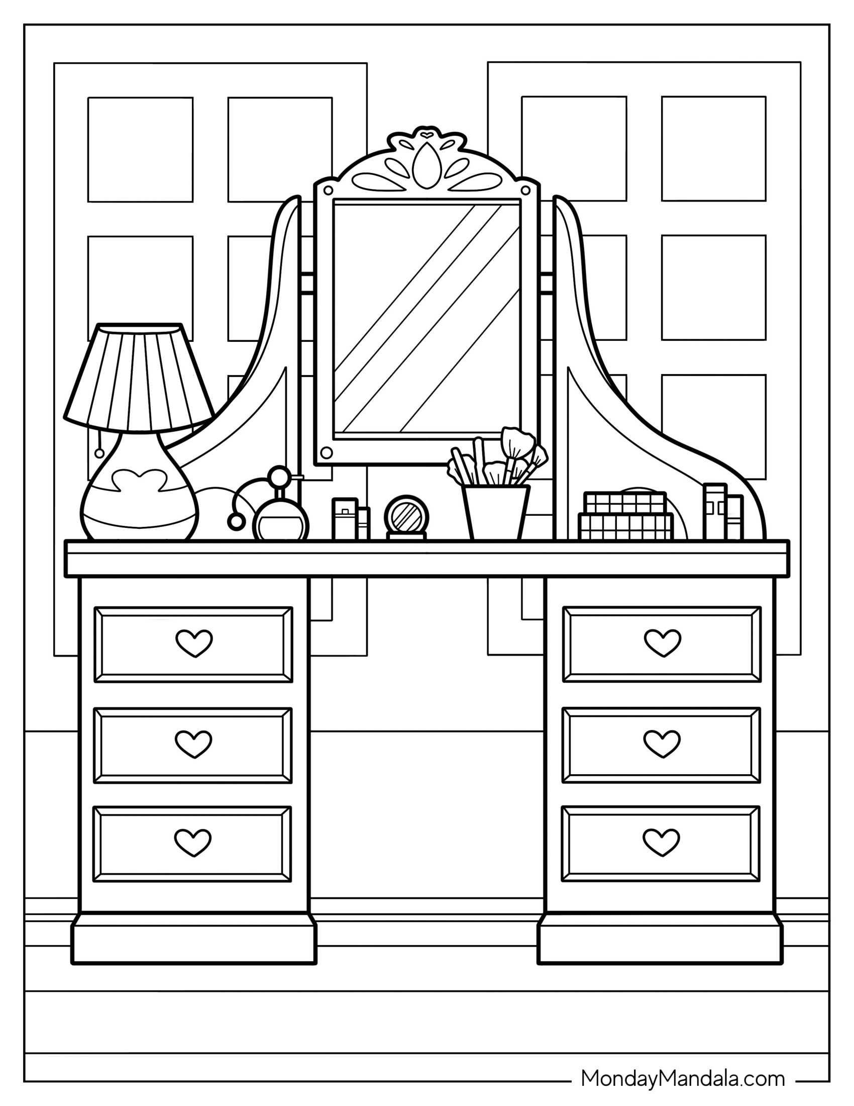 Vanity Desk Full Of Makeup Coloring Page