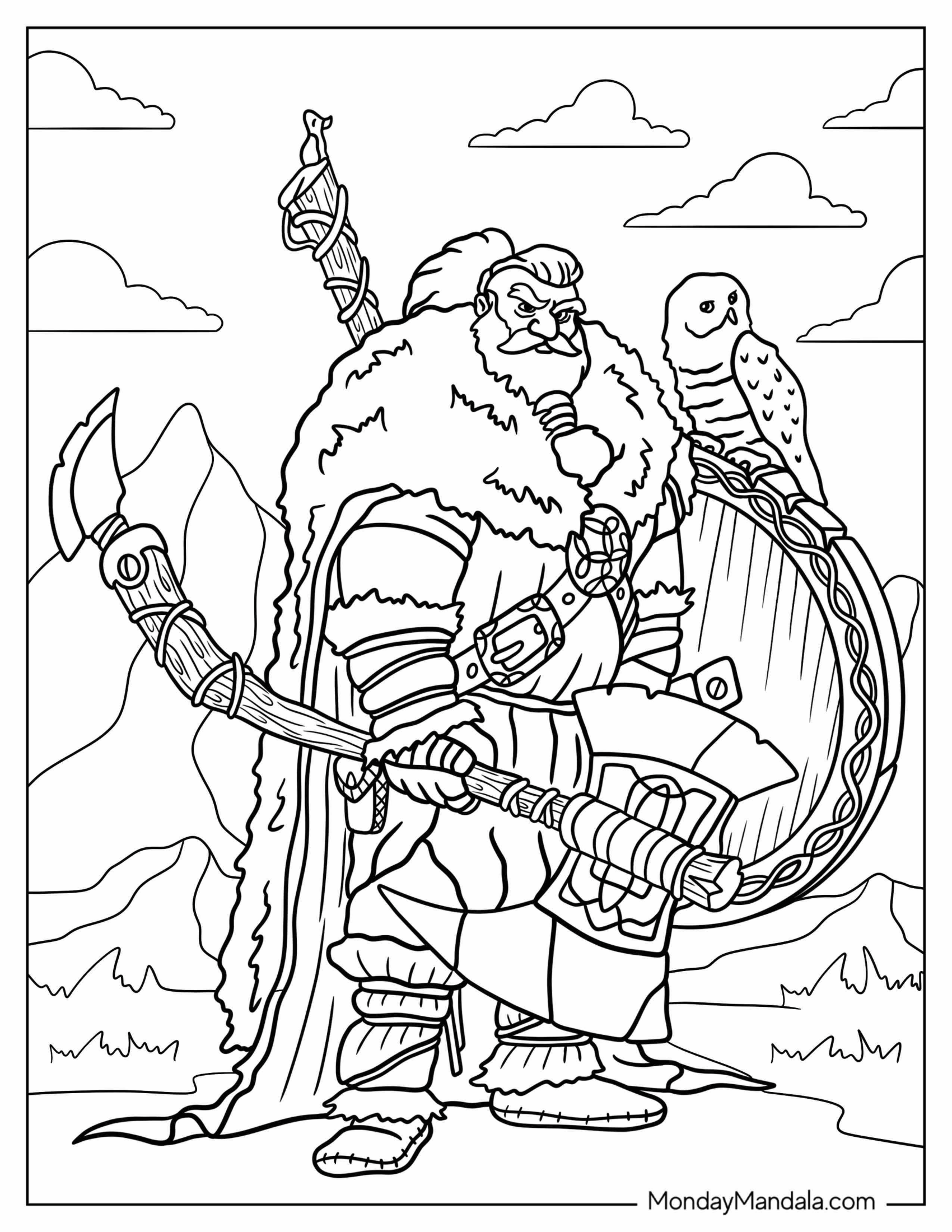 Viking Coloring Page Chieftain With Large Shield And Owl