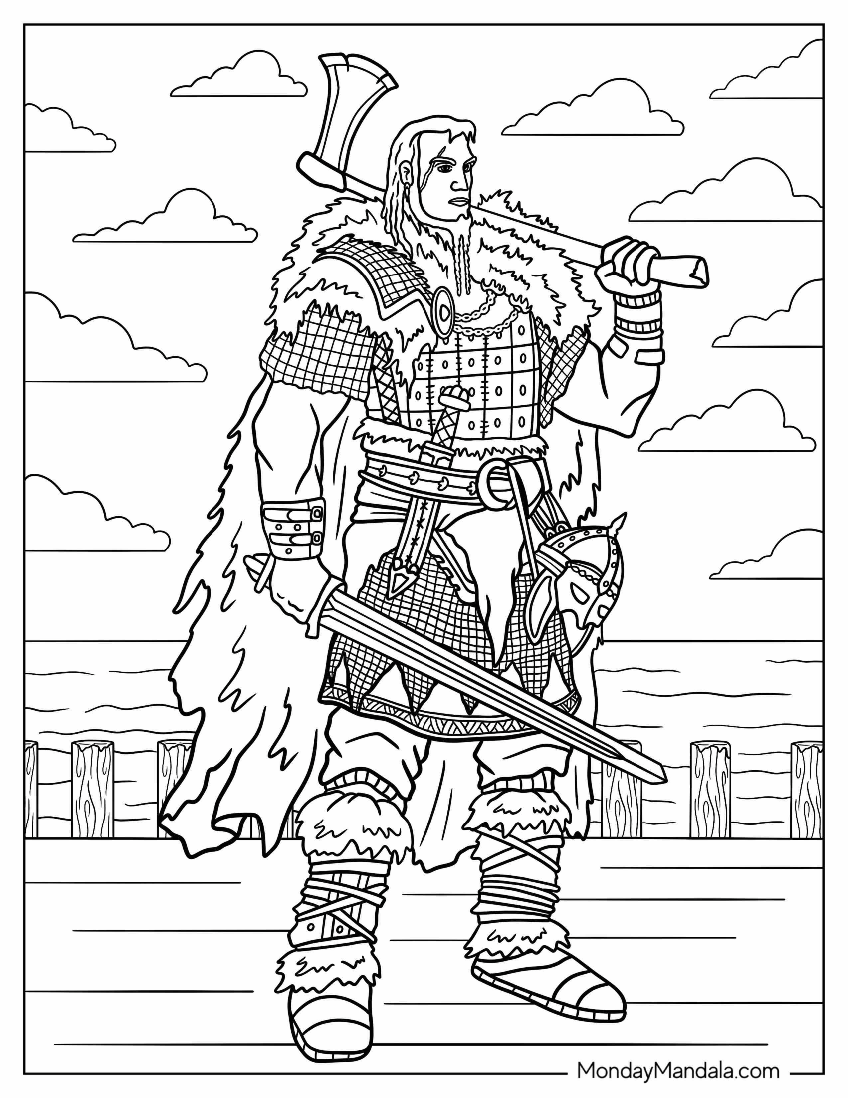 Viking Coloring Page Norseman With Sword And Axe