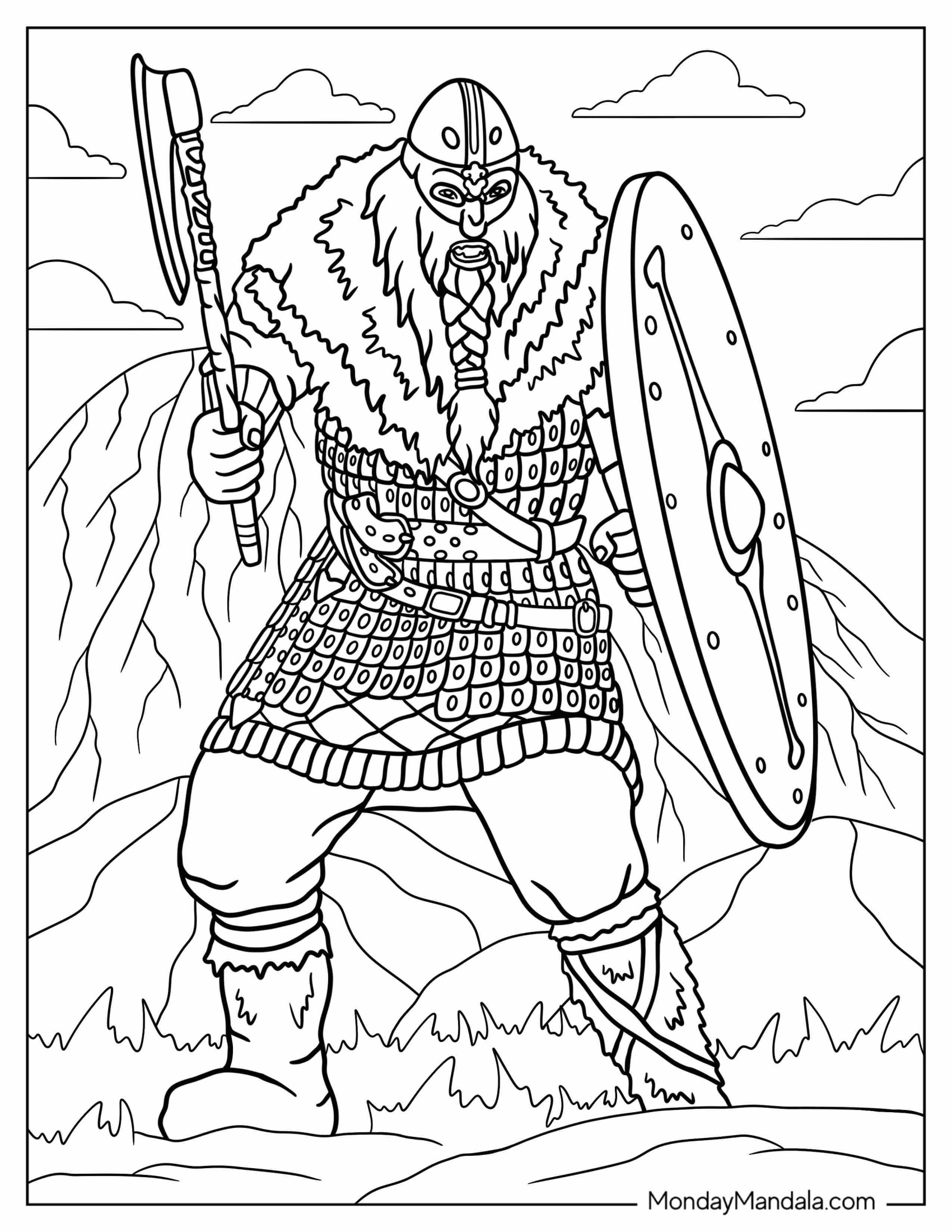 Viking Coloring Page Of Warrior With Detailed Armor, Axe, And Shield