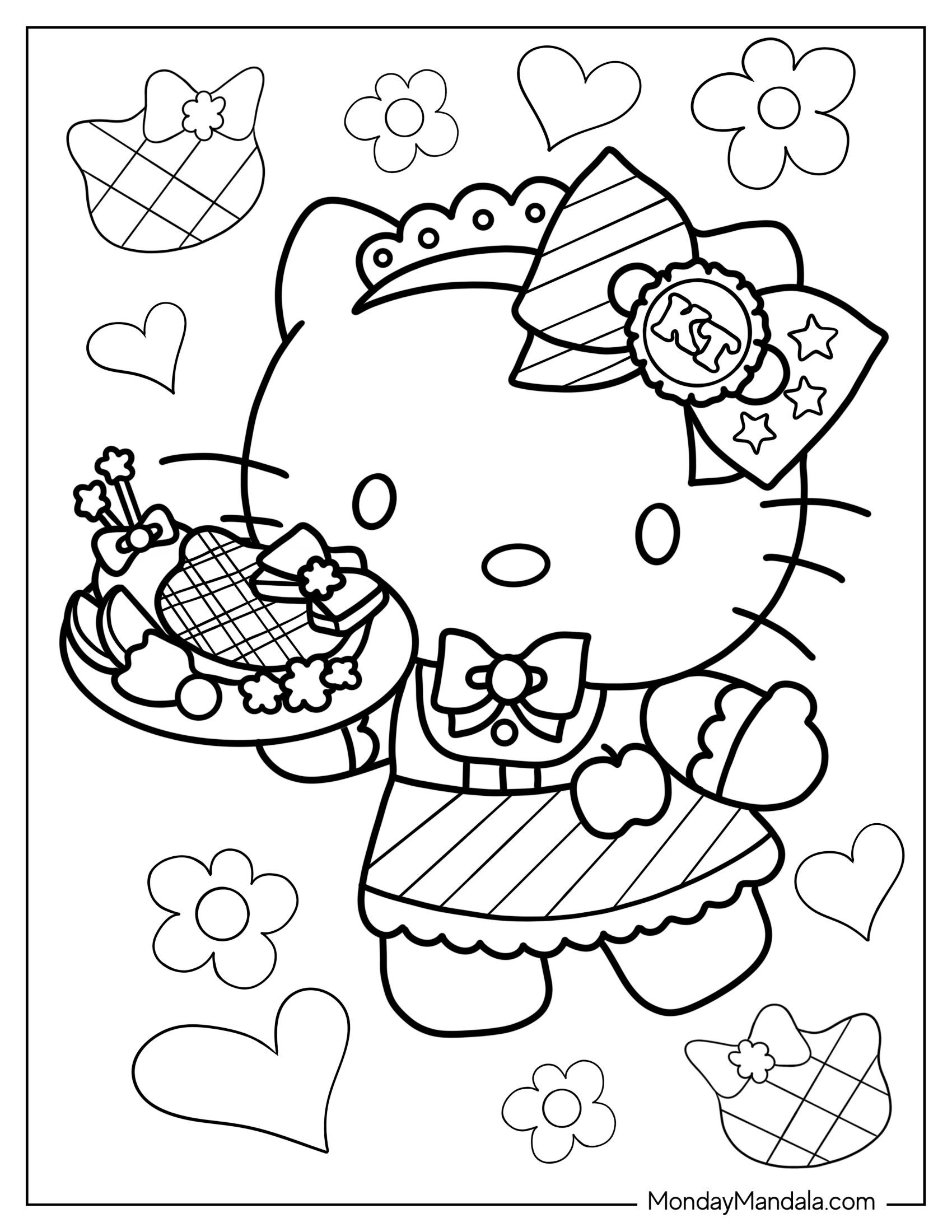 Waitress Hello Kitty Serving Cake Coloring Sheet