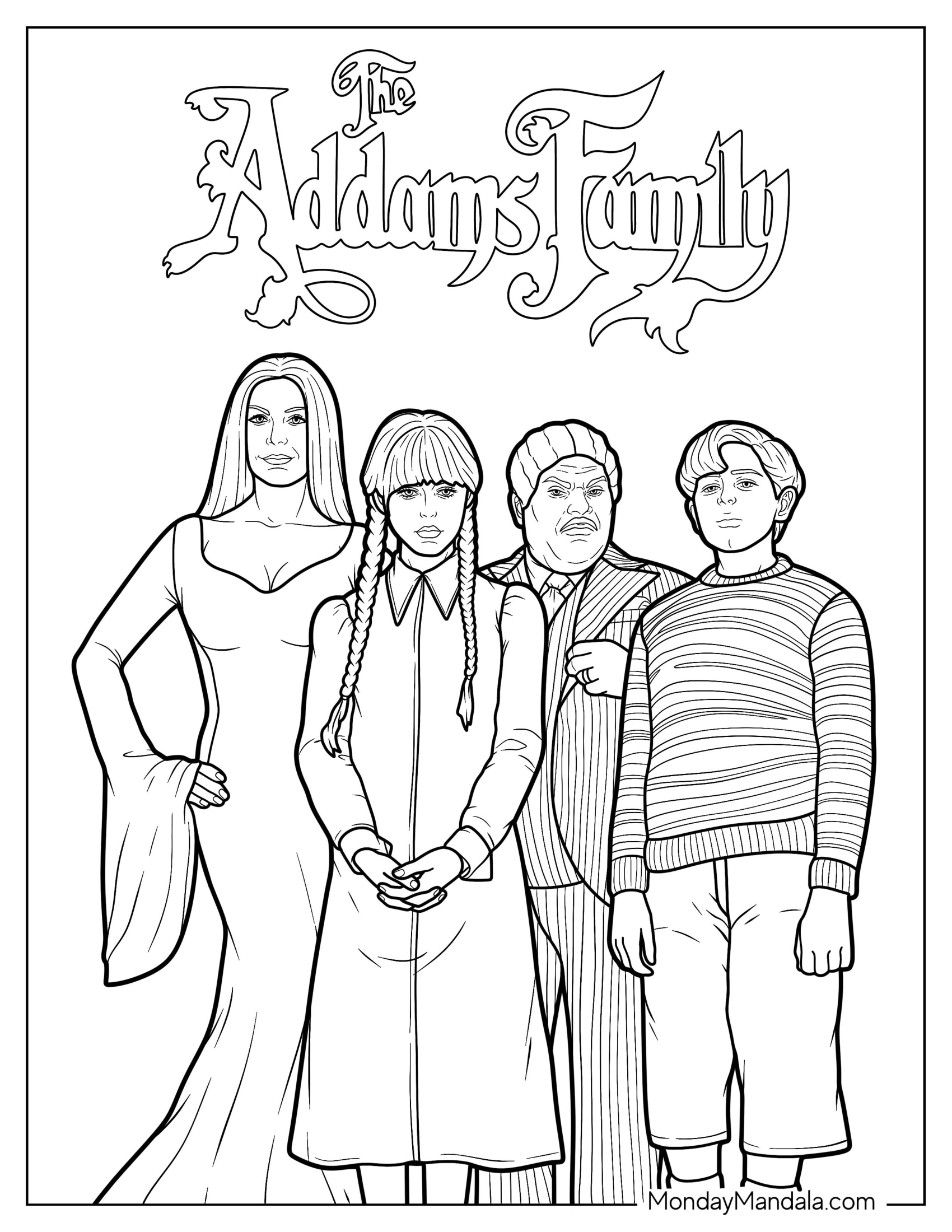 Wednesday Coloring Page Of Addams Family Poster With Morticia, Pugsley, And Gomez