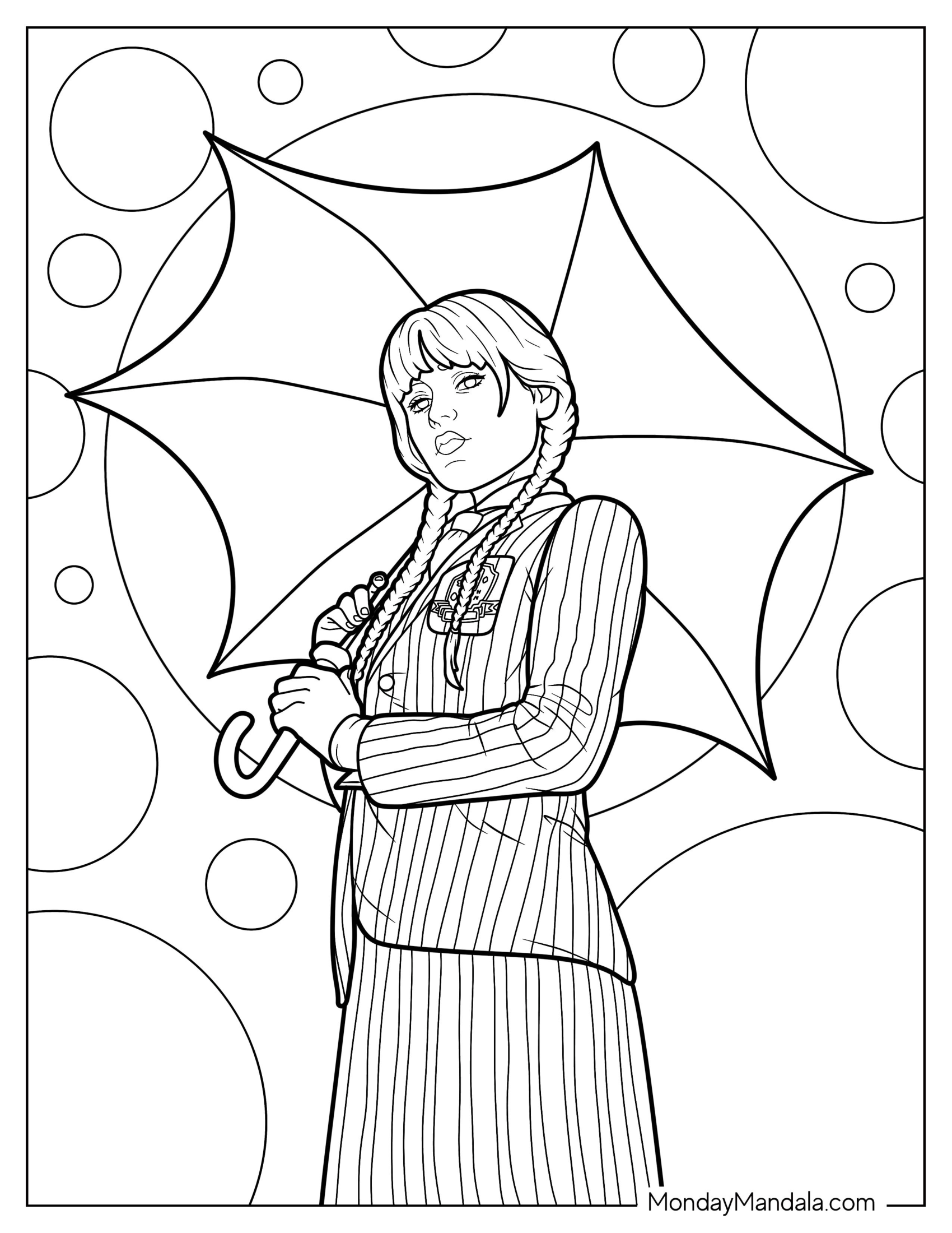 Wednesday Coloring Page Of Jenna Ortega In Nevermore Uniform While Holding Umbrella