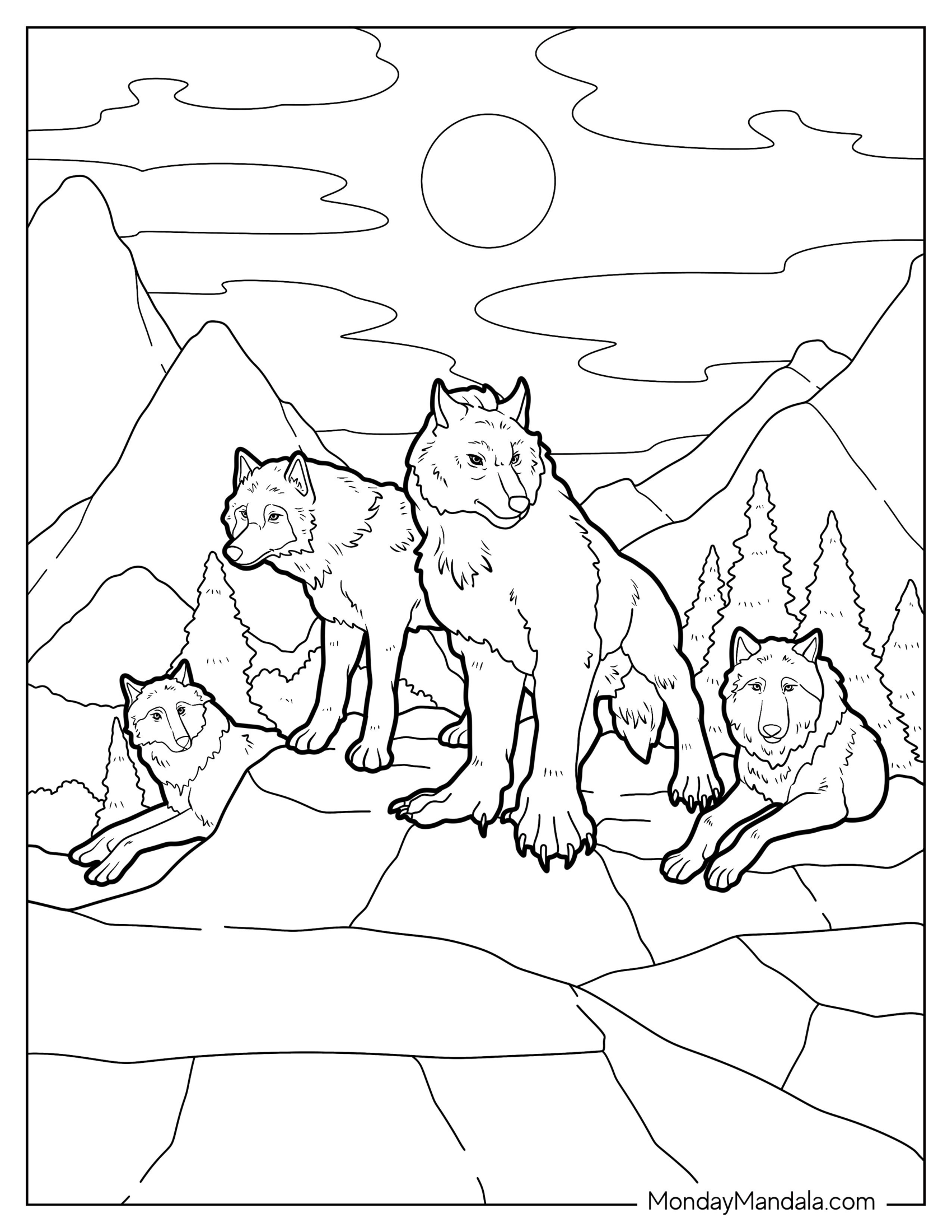 Wolf Coloring Page Of Pack Resting On Rock