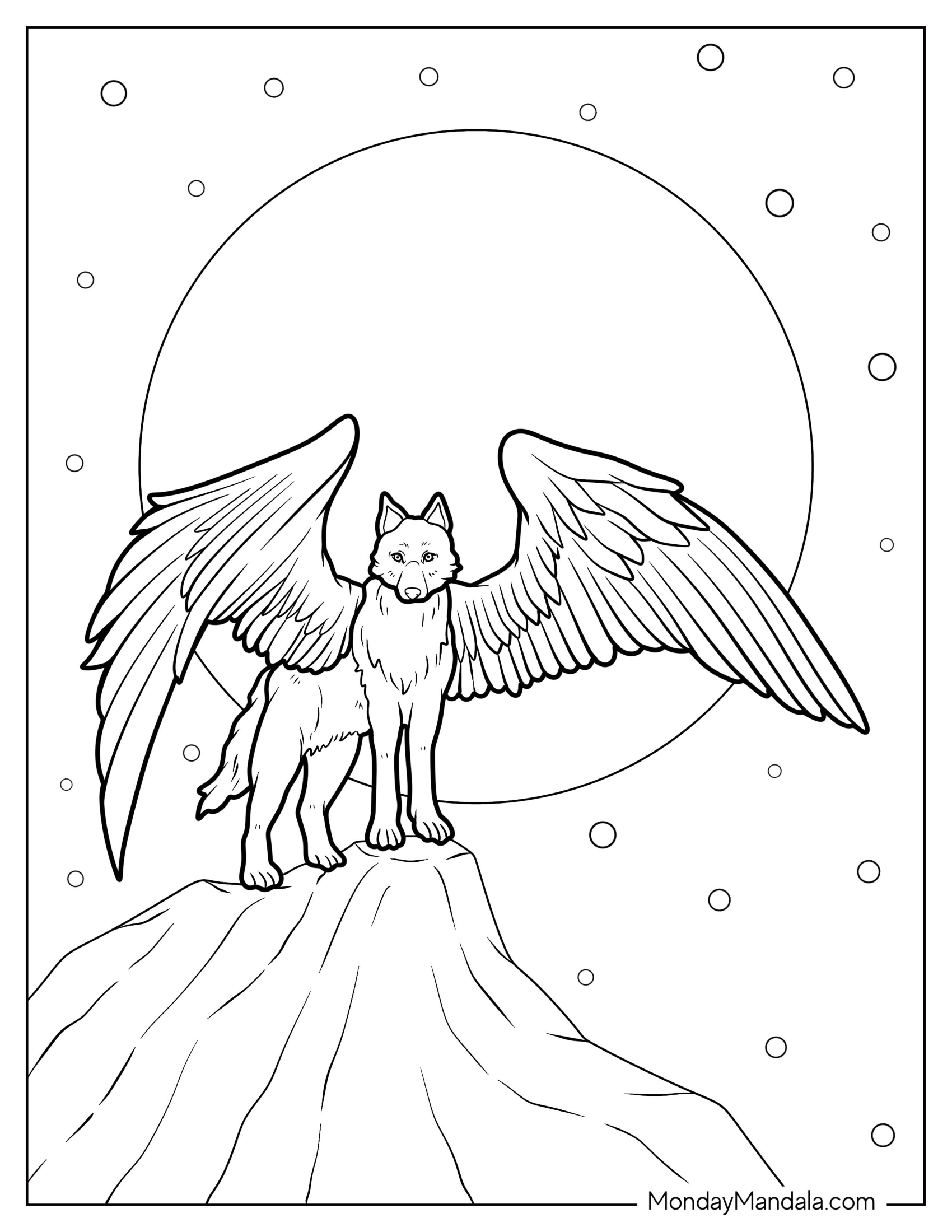 Wolf Coloring Page With Angel Wings On A Full Moon