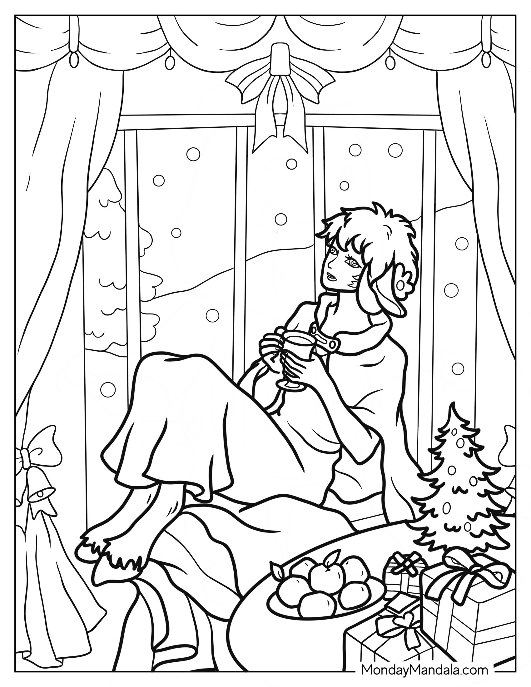 Woman In Dress And Cape Drinking Coffee Coloring Page On Christmas Day By Window Bay