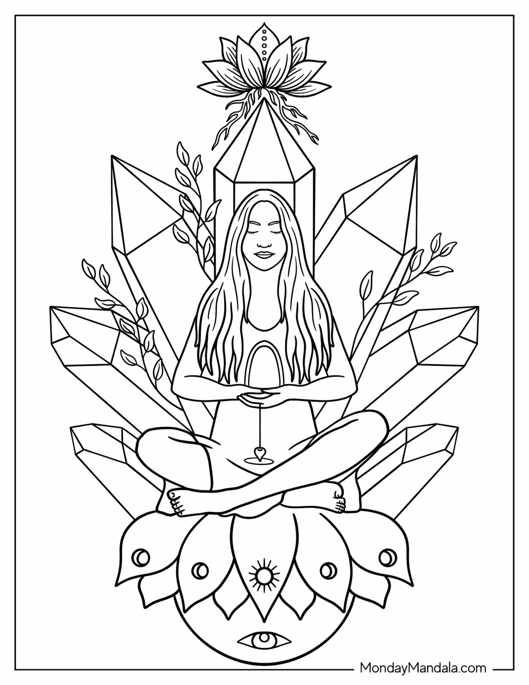 Woman Meditating On Chair With Crystal Coloring Page Backrest