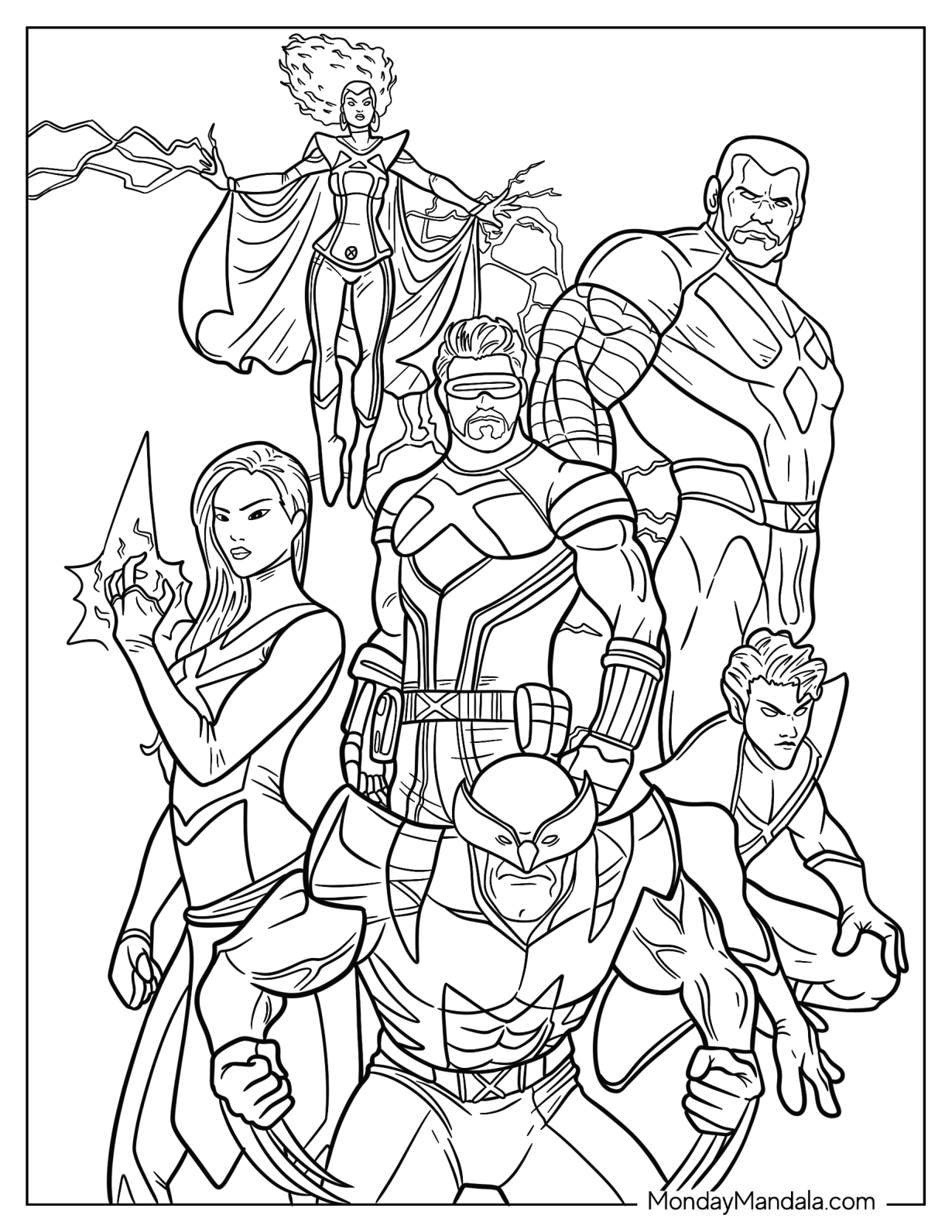 X-Men Coloring Page Of Cyclops, Wolverine, Psylocke, Colossus, Storm, And Nightcrawler