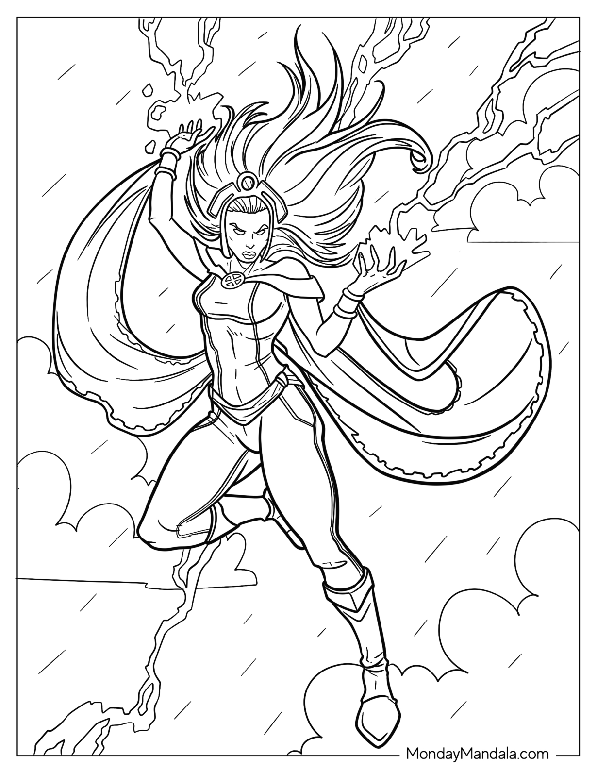 X-Men Coloring Page Of Storm Summoning Lightning In The Rain