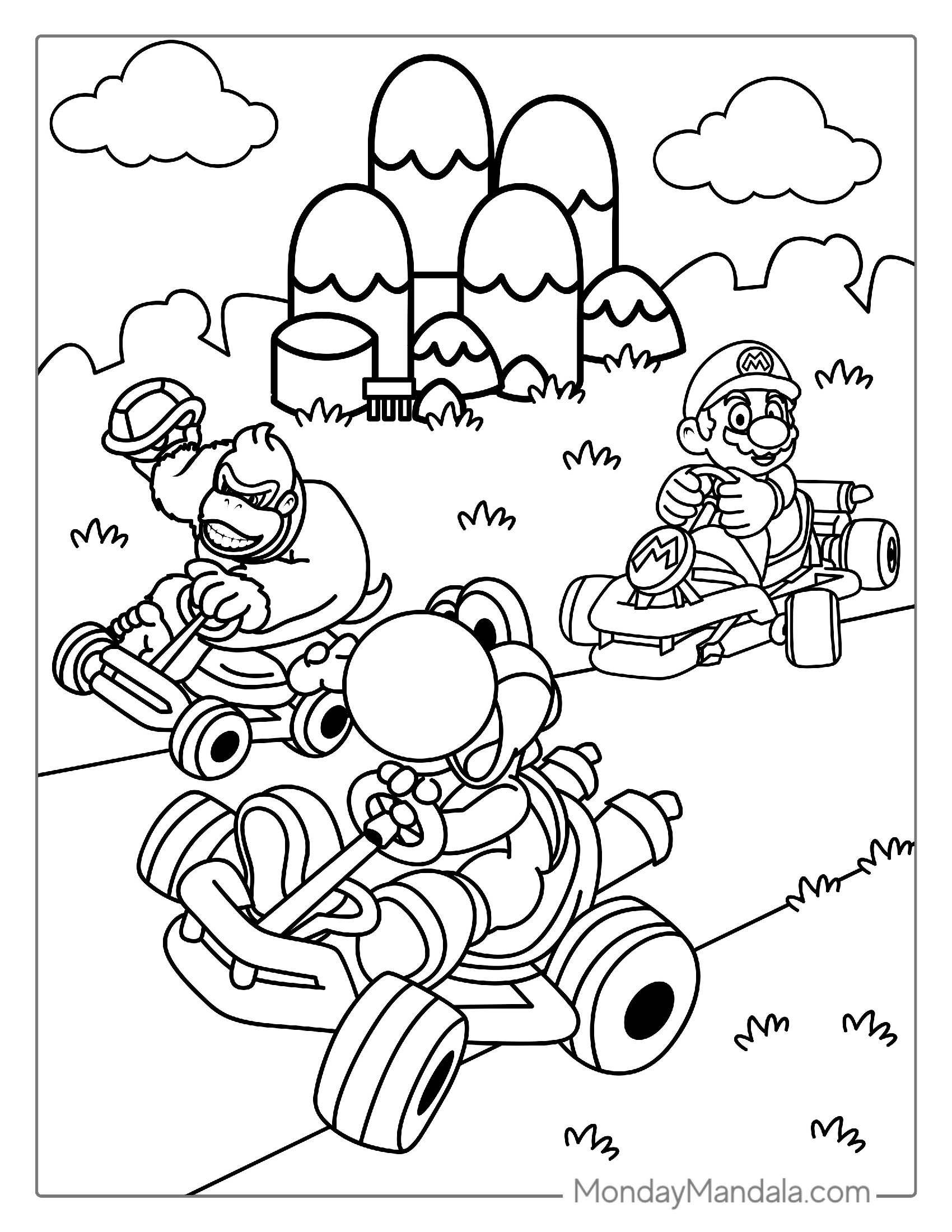 Yoshi Racing With Mario And Donkey Kong Coloring