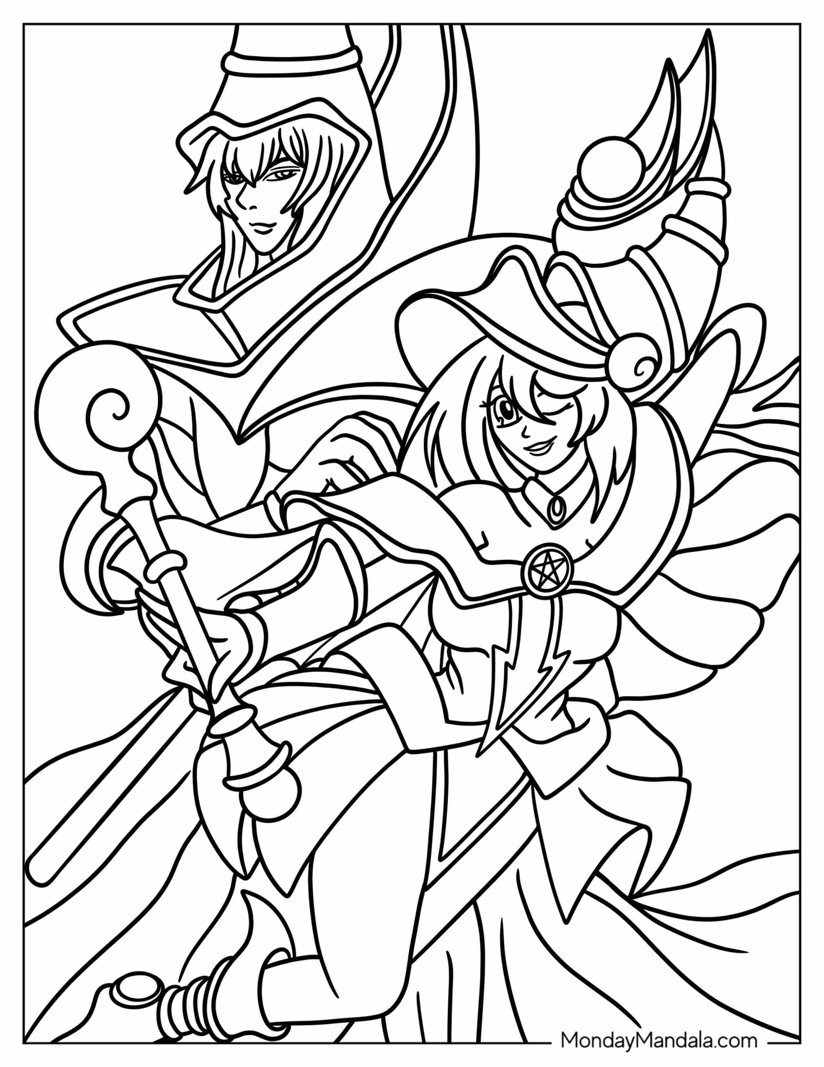 Yu Gi Oh Coloring Page Of Dark Magician With Dark Magician Girl For Kids